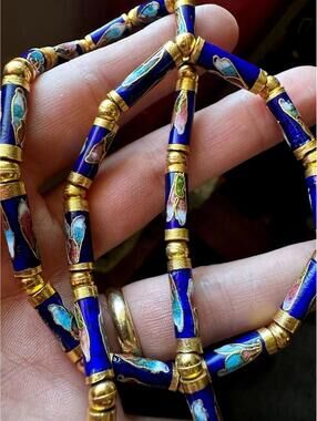 Vintage Cobalt Blue Gold Chinese Cloissone Necklace